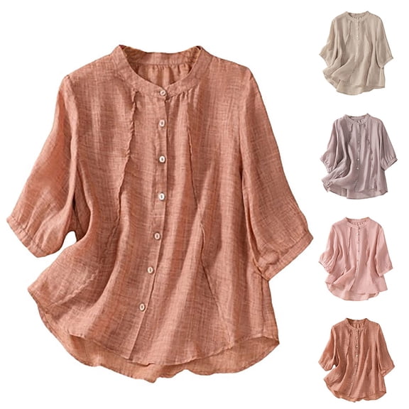 ZhiFeng Tshirts Women Womans Tops Crew Neck Short Sleeved Button Blouse Solid Color Leisure Loose Fit Tops Ladies Party Summer Shirt Khaki