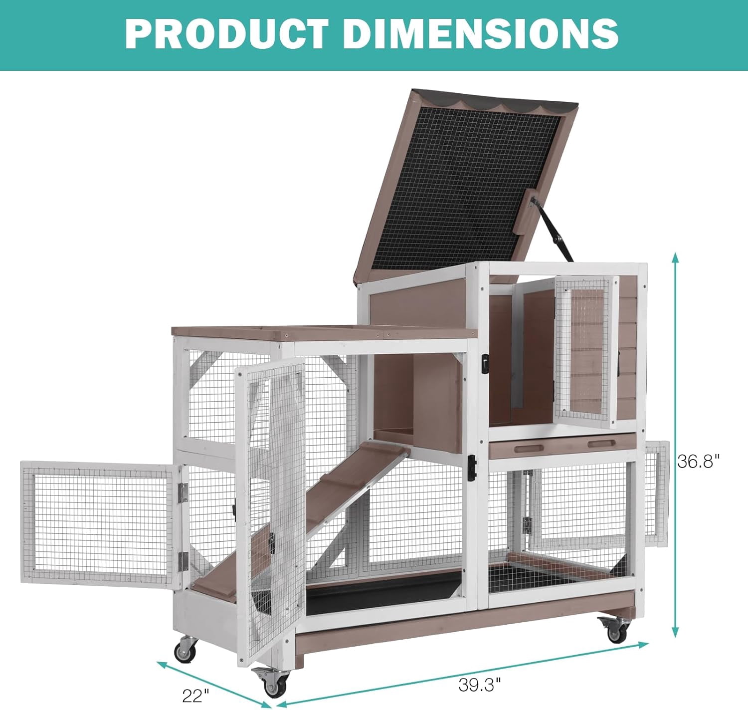 Aivituvin 2-Story Rabbit Hutch Bunny Cage Wooden Rabbit Cage Indoor/Outdoor with Chew-Proof Ramp, 2 Leak-Proof Pull-Out Trays, Lockable Wheels for Rabbits, Guinea Pigs, Small Animals Brown