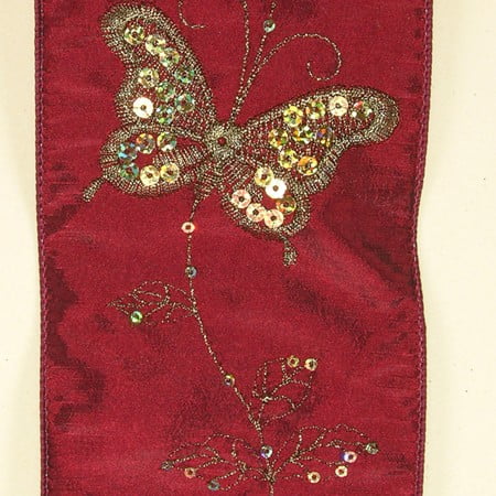 The Ribbon People Burgundy Red Regal Butterfly Print Wired Craft Ribbon 4" x 10 Yards