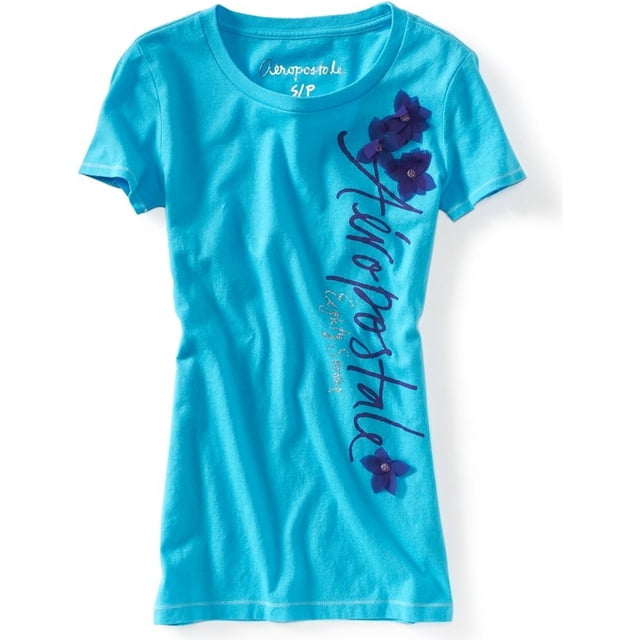 Camiseta gráfica Aeropostale para mujer con diseño de flor de purpurina 87 azul extragrande