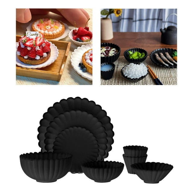 en Miniatura Accesorios de Cocina 1: 6 Plato Tazón Tazas Set Cumpleaños Cocina Comida DIY para Juego de Cocina Adultos Negro CUTICAT plato de cocina de casa de muñecas