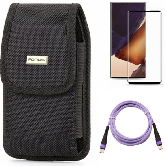 Purple 6ft PD Cable & Screen Protector & Case Belt Clip for Samsung Galaxy Note 20 Ultra (6.9") - Combo with Type-C to USB-C Long Charger Cord & Tempered Glass (Fingerprint Unlock) & Swivel Holster