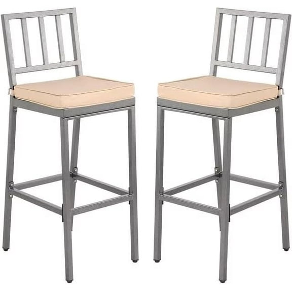 Set of 2 Pack Metal Dining Bar Stools, Outdoor Bar Height Stool with High Back & Cushions,Heavy-Duty Metal Frame, 29" Barstools for Backyard, Balcony,Gray