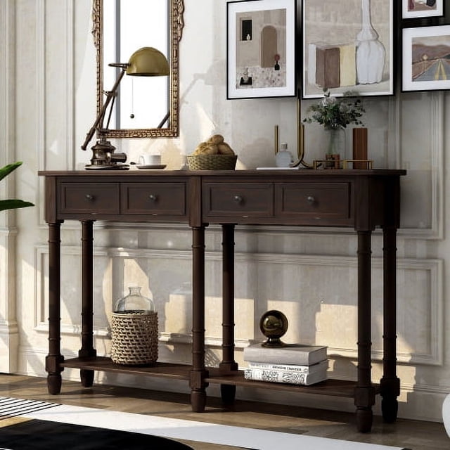 58" Solid Wood Console Table Sofa Table Entryway Table with 2 Drawers and 1 Bottom Shelf for Storage Entry Hallway Foyer Sofa (Espresso)