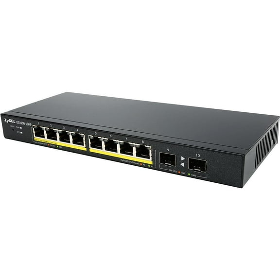ZyXEL 8-Port Gigabit Ethernet Smart Managed PoE Switch with 77 Watt Budget - Fanless Design and 2 SFP Ports [GS1900-10HP], Black, 77W PoE 