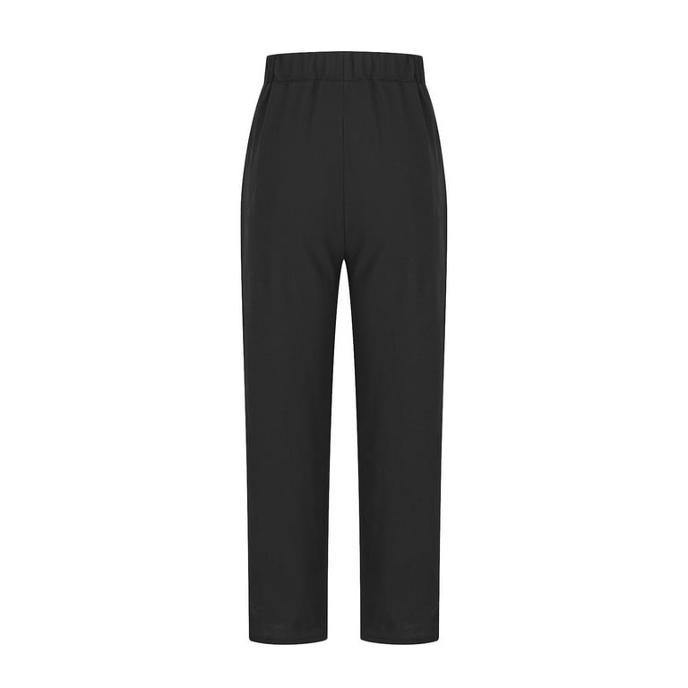 Clearance Alert,POROPL Plus Size Elastic Waist Casual Solid Large Pocket  Cotton Linen Straight Pants Jean Capri Pants for Women Black Size 16