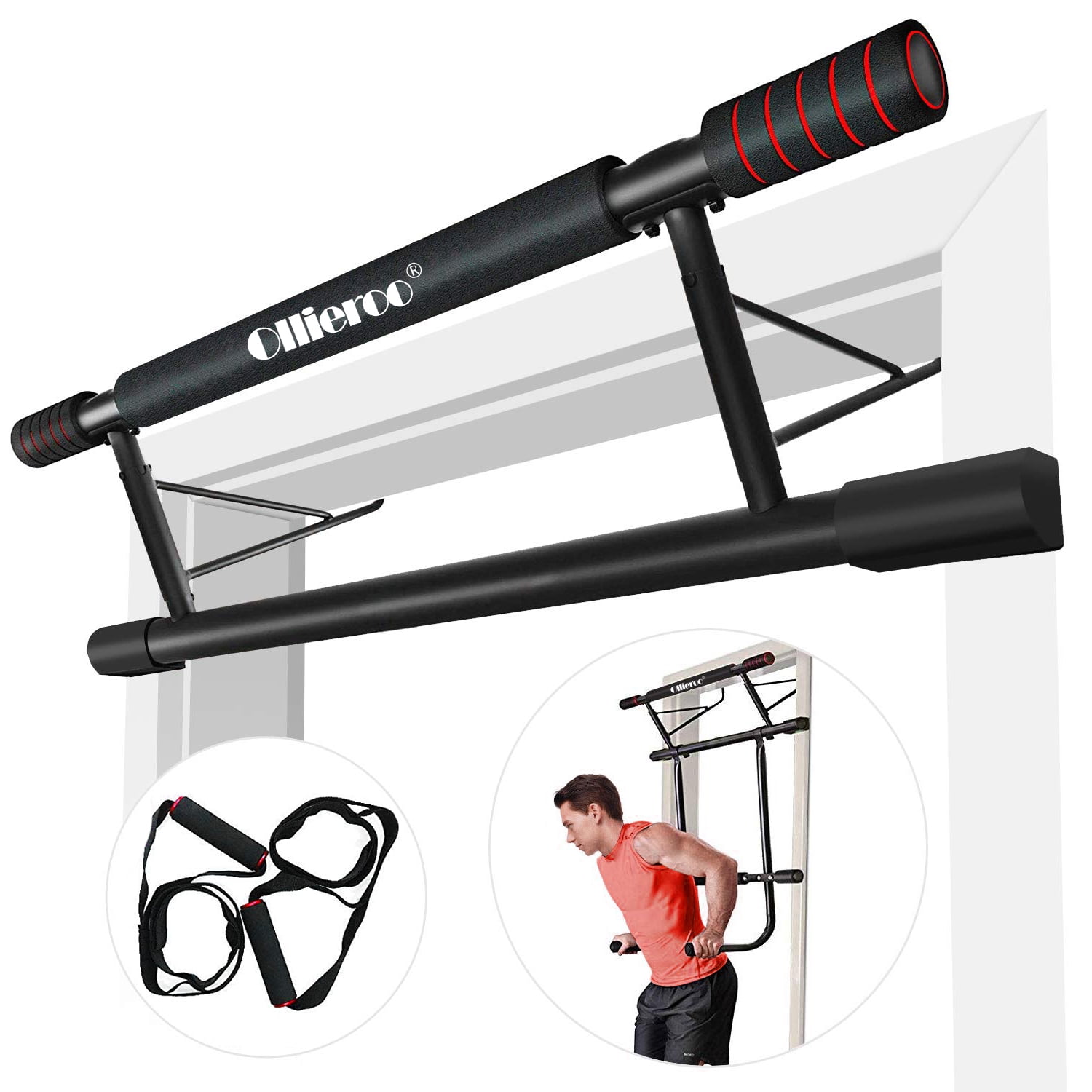 Black Pull Up Bar Doorway Fitness Chin Up Strength Training Bars with Dip Bar & Power Ropes Foldable Door Bar Ergonomic Grip Trainer Workout for Home Gym Exercise 