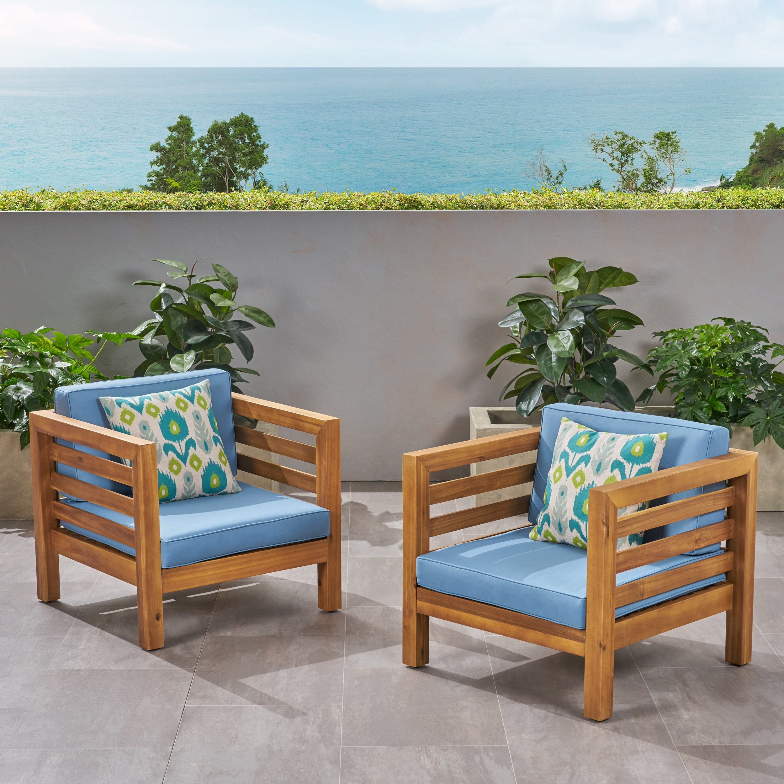 Noble House Oana Wood Outdoor Acacia Club Chair, Teak / Blue Set of 2