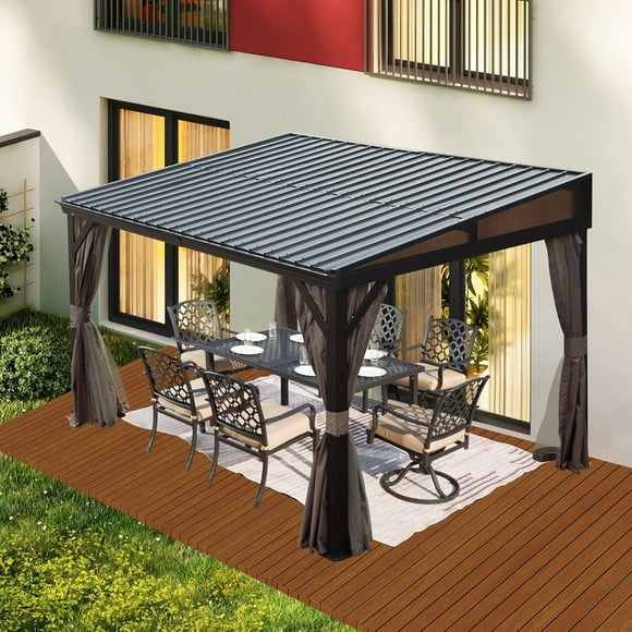 Domi 8x12FT Lean-To Gazebo, Outdoor Wall-Mounted Aluminum Frame Pavilion with Sloping Galvanized Steel Roof, Netting & Curtains for Deck, Porch, Backyard