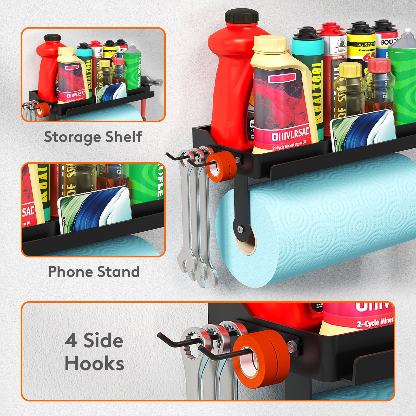 Lifewit Metal Garage Paper Towel Holder with Plastic Shelf, 12 inch Shop Towel Holder, Wall Mount Shelf with 4 Hooks and Phone Stand, Adhesive or Screws, for Clean Station, Craft Room, 1 Pack, Black