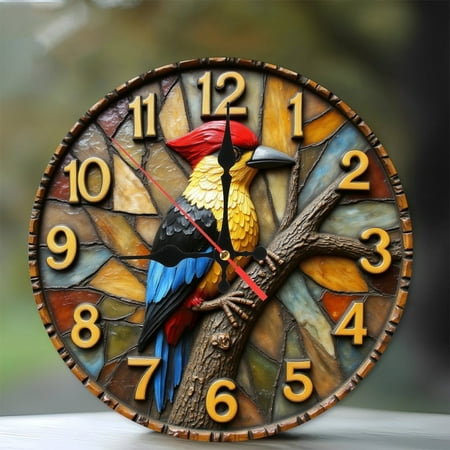 Woodpecker Wall Clock with Colorful Stained Glass Design 10-Inch Silent Wooden Wall Clock, Battery Operated (AA Batteries Not Included), Artistic Home Decor