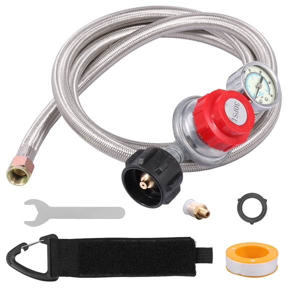TMWEFUSC 5 FT Propane Regulator Hose with 0-60PSI Gauge 0~30PSI Adjustable 3/8" Female Flare Gas Grill Regulator for Gas Tank Cooker