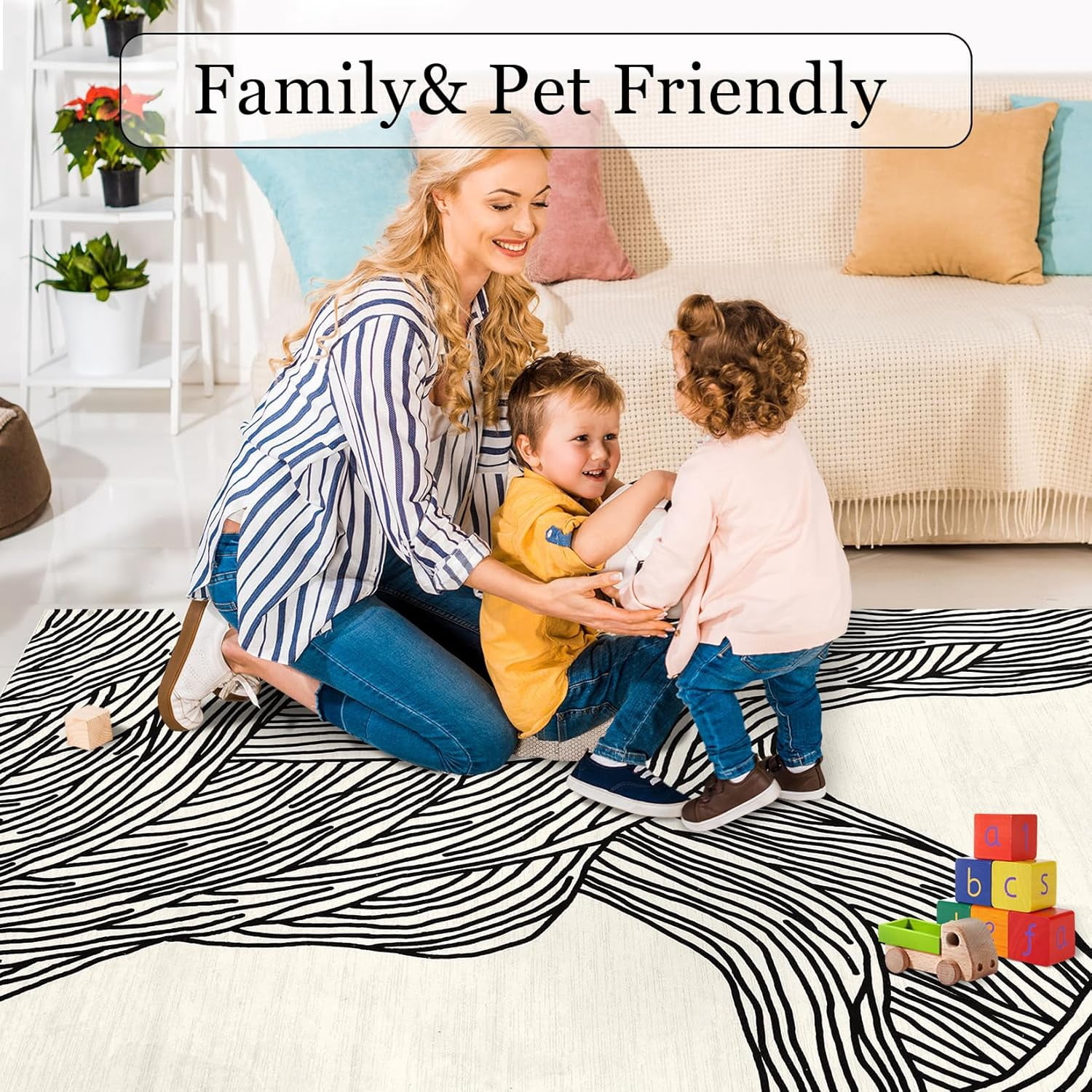 Area Rug Washable 6' x 9' Modern Abstract Rug with Non Slip TPR Backing, Soft Neutral Low Pile Non Shedding Carpet, Foldable Floor Covering for Living Room Bedroom