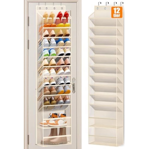 12 Tier Over the Door Shoe Organizer Breathable Mesh Hanging Shoe Rack for Closet Storage Shoe Holder for Door Fit 24 Pairs Sandals, Heels, Boots (Beige)