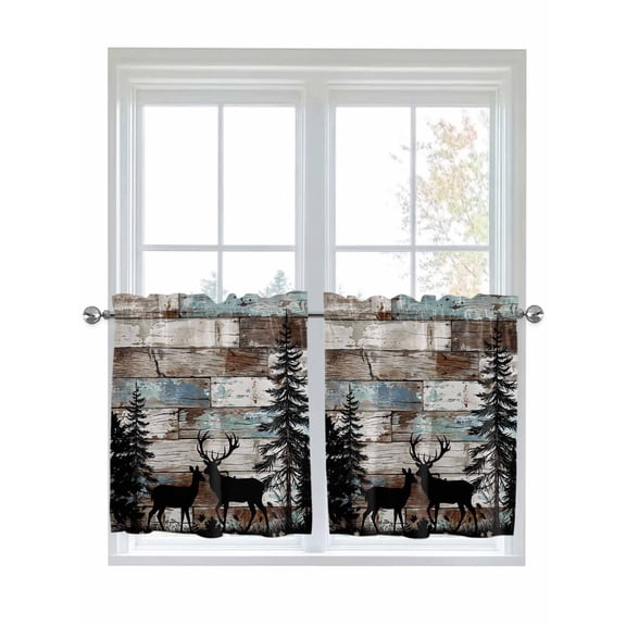 Teal Brown Deer Silhouettes 2 Panel Kitchen Curtains for Small Windows, Trees Wooden Retro Art Farmhouse Bathroom Tier Curtain, Short Window Treatment for Bedroom/Living Room 55"x24"
