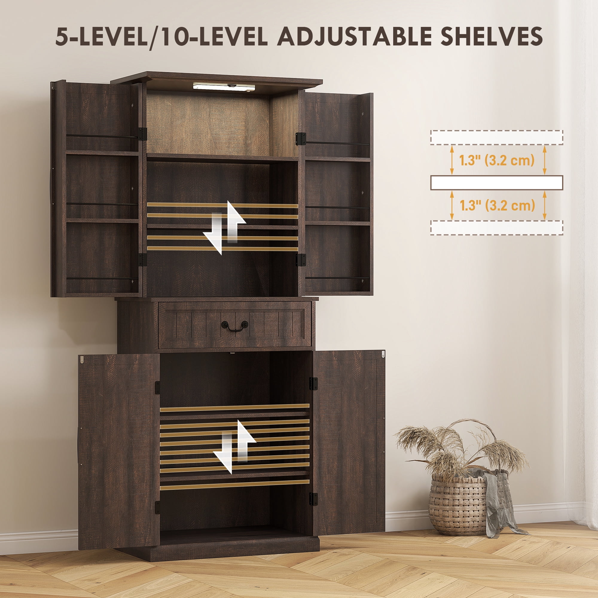 HOMCOM Farmhouse Kitchen Pantry Cabinet with Light, Storage Cabinet, Brown