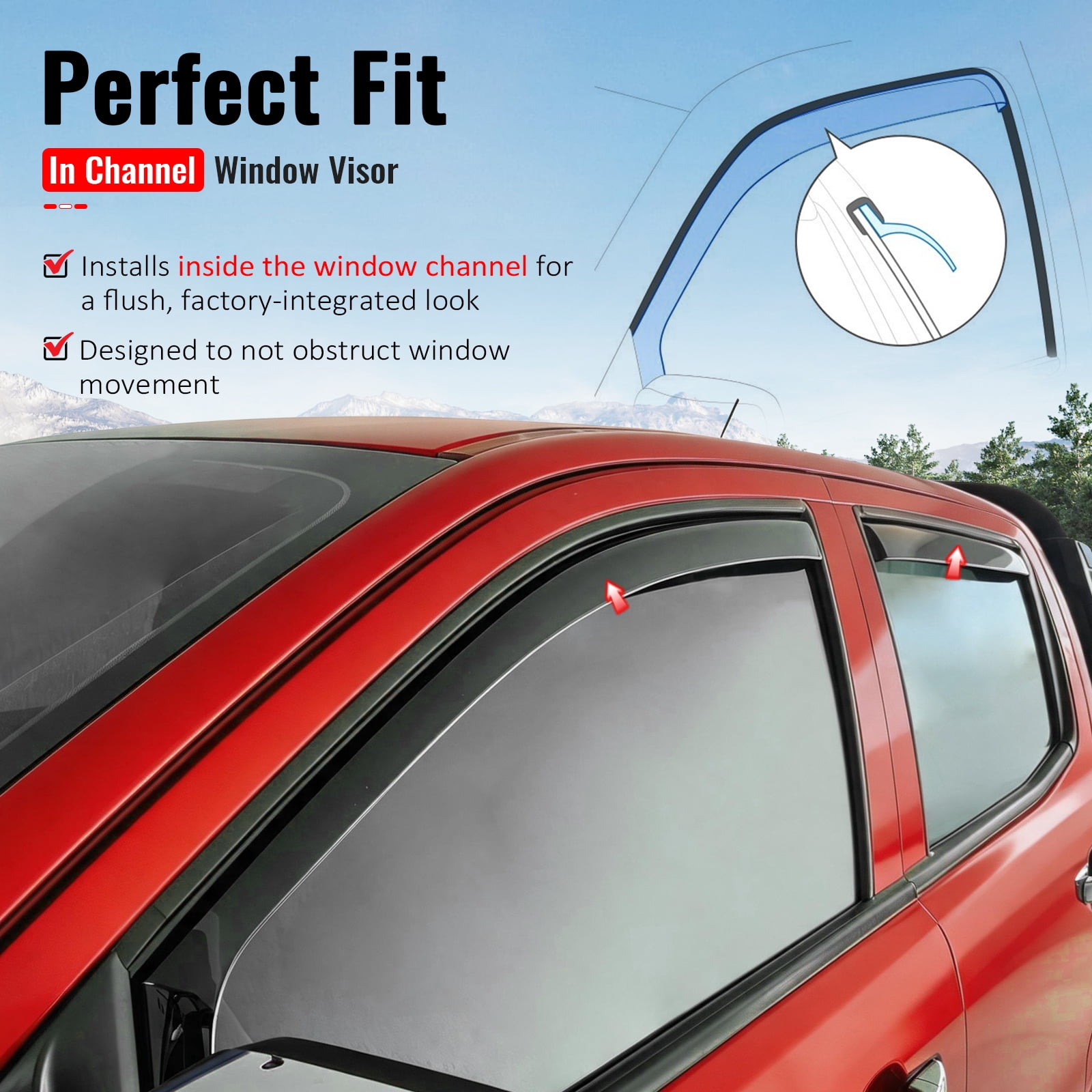 Ikon Motorsports In-Channel Window Visors Sun Shades Vent Rain Guards Deflectors for 2019-2023 Ford Ranger Crew Cab (SupeCrew) Acrylic Smoke/Tinted