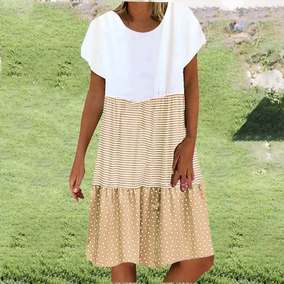 CALAFEBILA Sun Dresses for Women Casual Beach Short Sleeve Striped Mini Sun Dress Polka Dot A-Line Patchwork Short Dresses for Teens