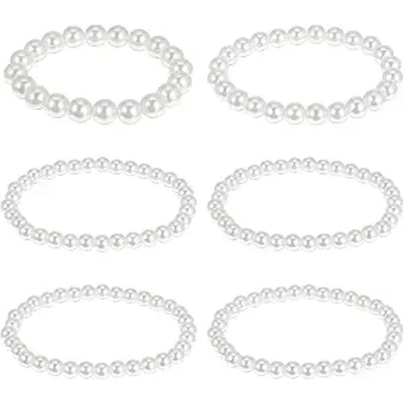 Dtwnek 10 Pack 4-12mm Faux Pearl Stackable Bracelet Set Beaded Stretch Bracelets White Pearl Bracelet for Wedding, Party, Gift