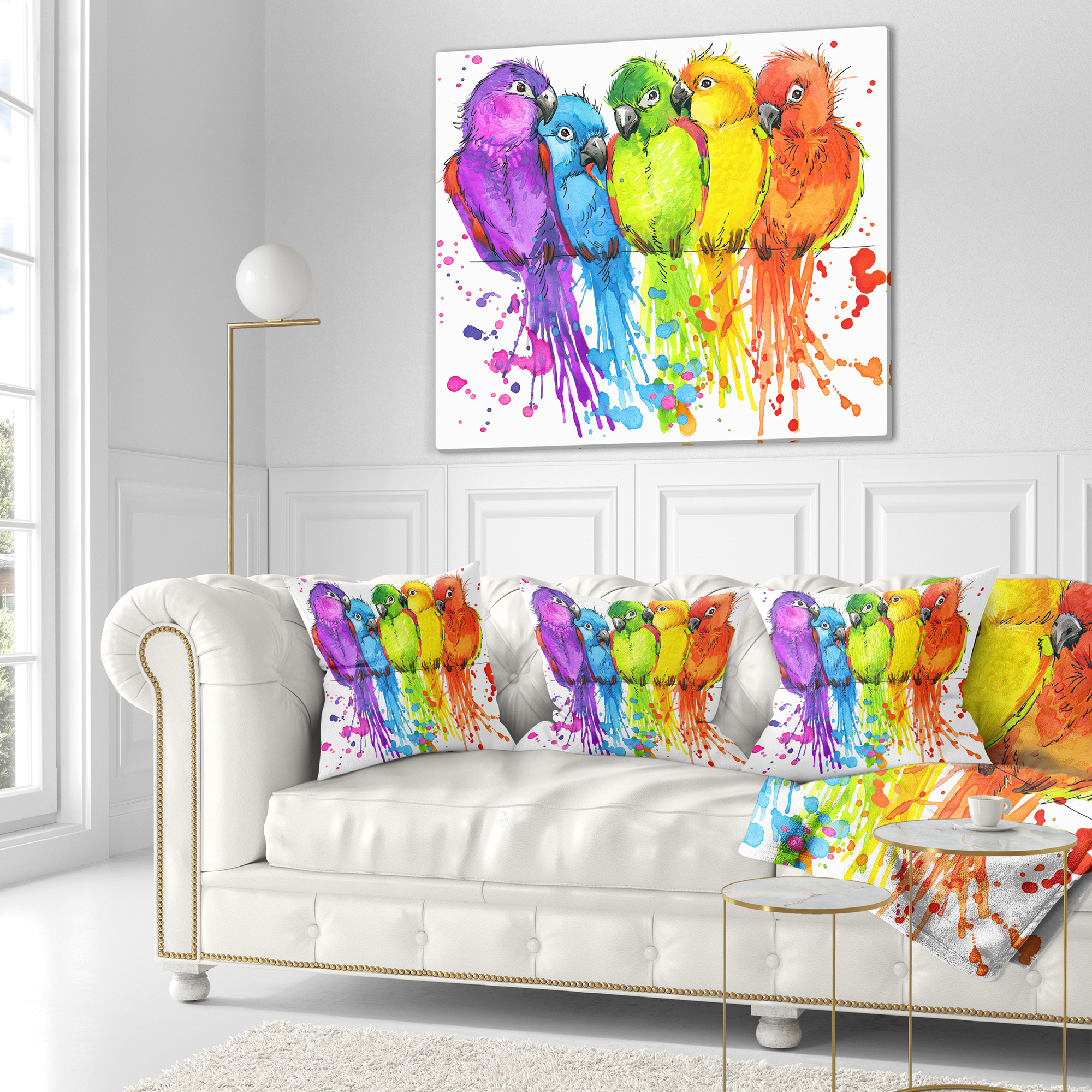 Designart Colorful Parrots Illustration - Animal Throw Pillow - 16x16
