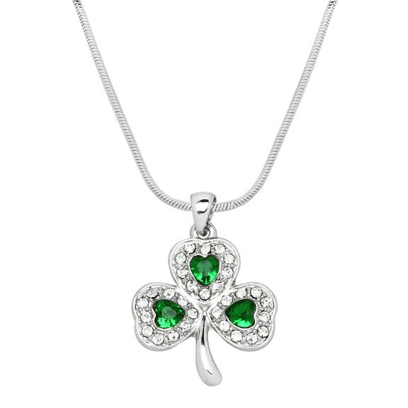 3 Leaf Clover Pendant Necklace Clear Green Rhinestone Crystal Rhodium Plated 17 Inch Snake Chain J0181