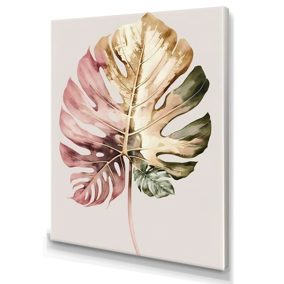 Designart Gold And White Philodendron Leaf I Canvas Wall Art