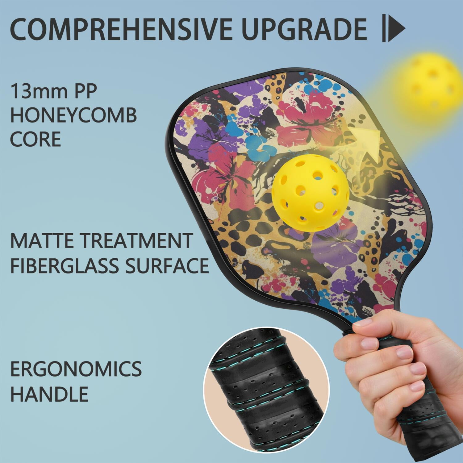 Pickleball Paddles Set Of 2, Fiberglass Surface, Spring Floral Print, 4 Balls & Bag