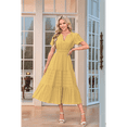 thumbnail image 2 of Vestido de Larga con Cuello en V, Plisado y Mangas Abullonadas, Amarillo M, 2 of 4
