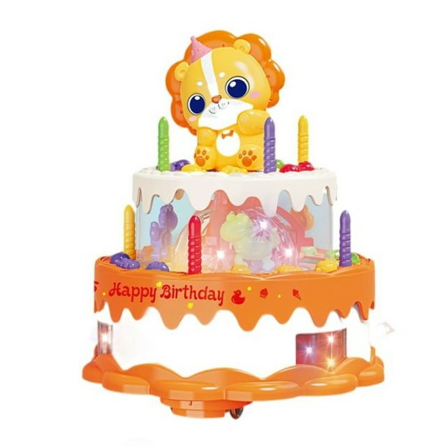 Orange Musical Birthday Cake Toy For Kids Pretend Play Kitchen Set With Lights Electronic Singing Role Play Activity 6.89X5.12 Inch Childrens Baking Gift Orange