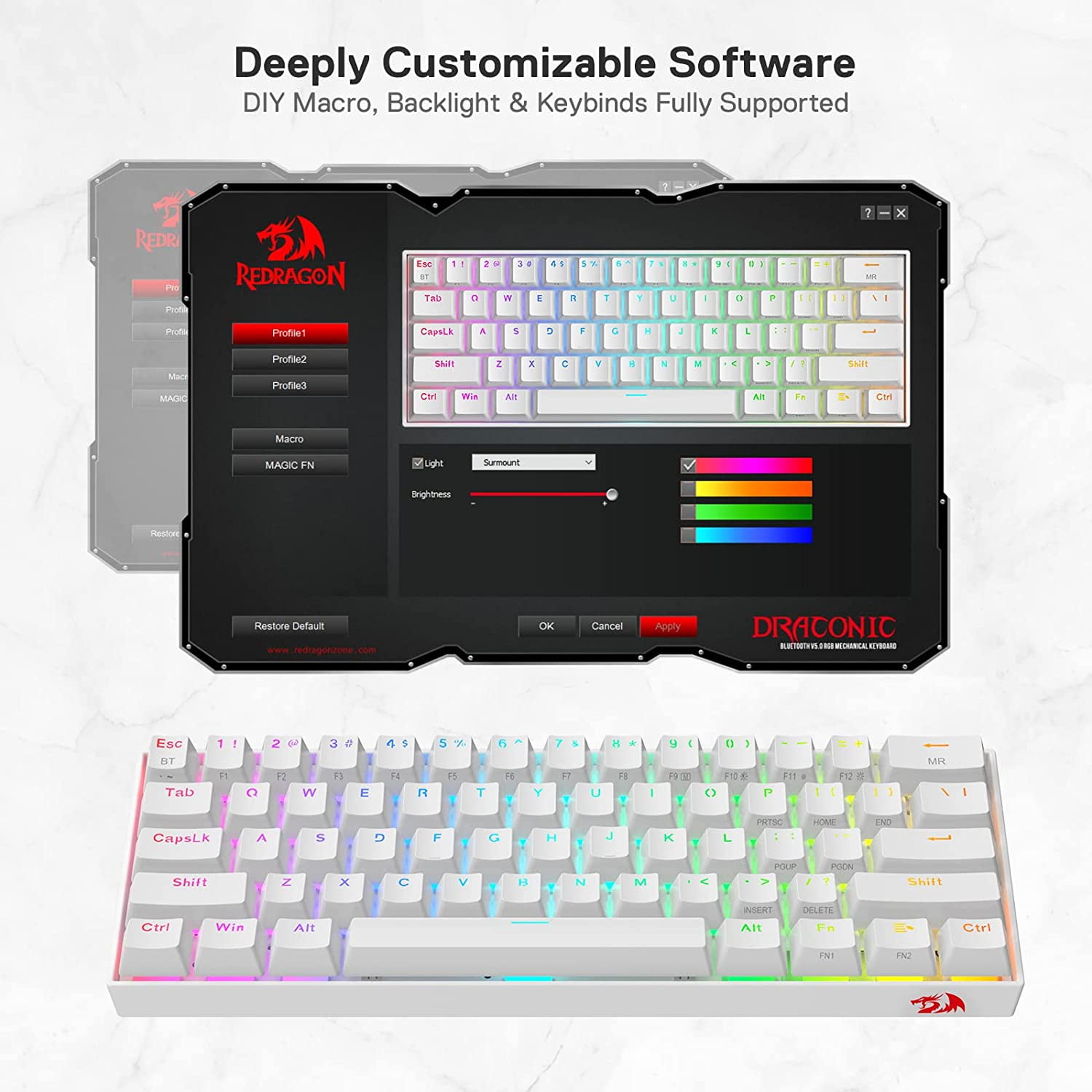 Redragon K530 Pro Draconic 60% Wireless RGB Mechanical Keyboard, BT/2.4Ghz/Wired 3-Mode 61 Keys Compact Gaming Keyboard w/Hot-Swap Socket, Free-Mod Plate Mounted PCB & Clicky Blue Switch
