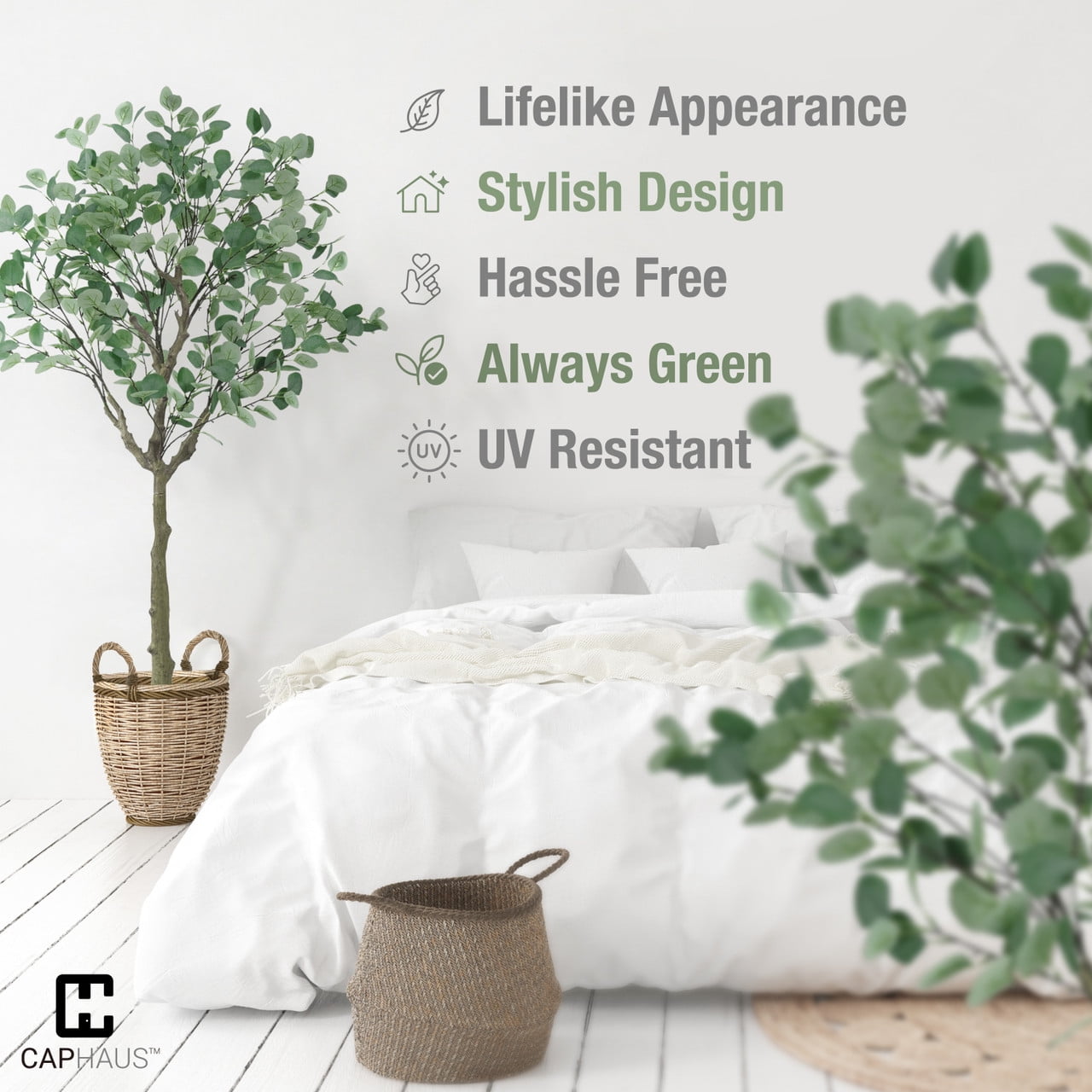 CAPHAUS 6 Feet, 72 Inch Artificial Eucalyptus Tree, Natural Large Faux Plants Indoor/Outdoor Patio, Home Décor, UV Resistant Artificial Outdoor Plants, Fake Greenery in Pot with Dried Moss