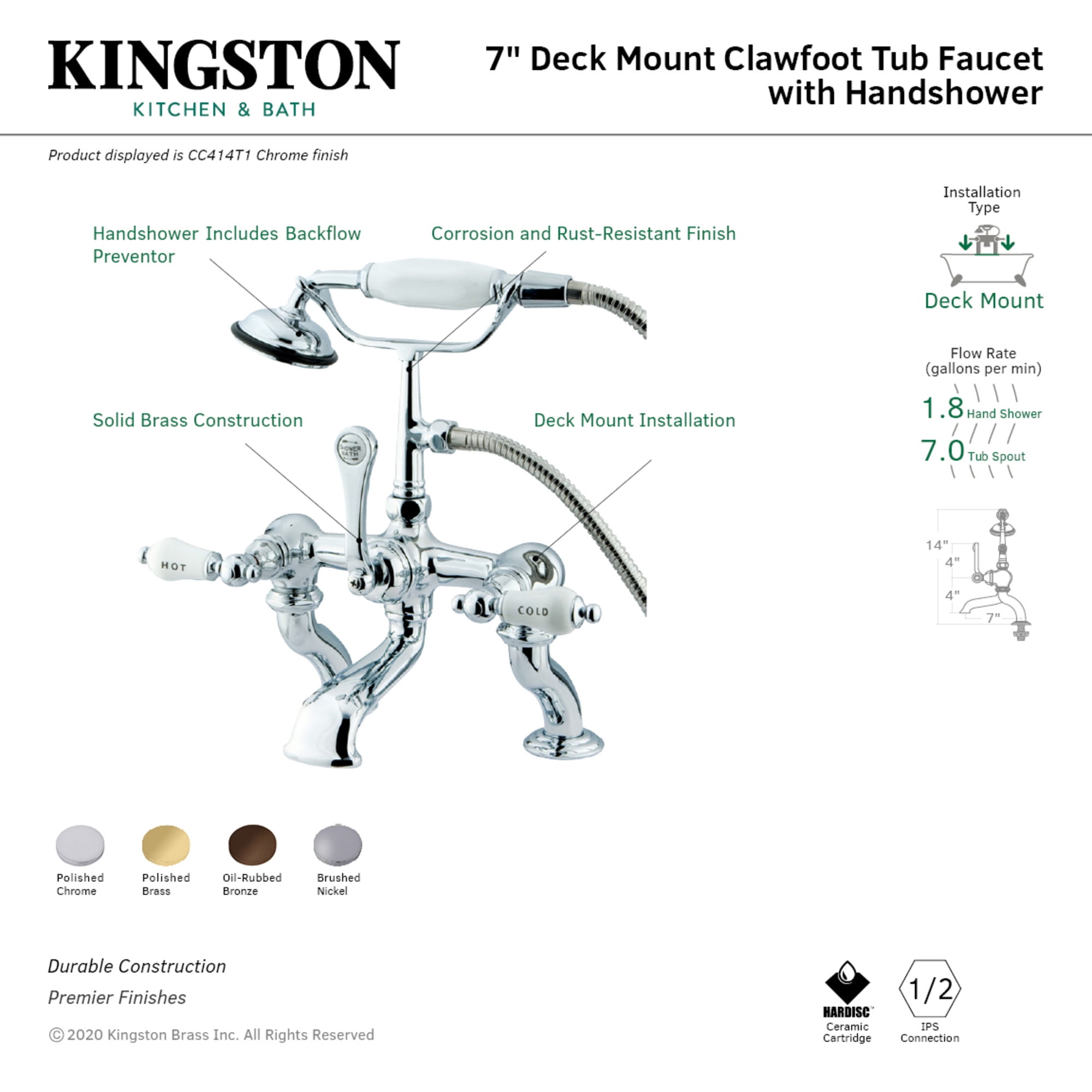 Kingston Brass CC413T5 Vintage 7" Center Deck-Mount Clawfoot Tub Faucet with Hand Shower, Oil Rubbed Bronze