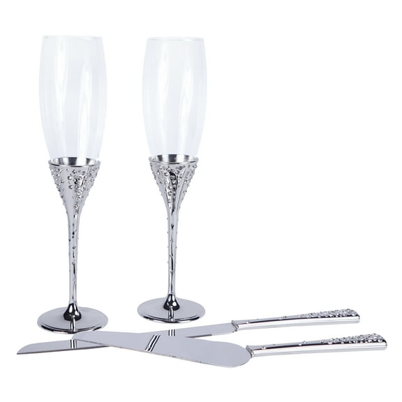 Crystal Collection Toasting Flutes & Cake Serving Set in Silver