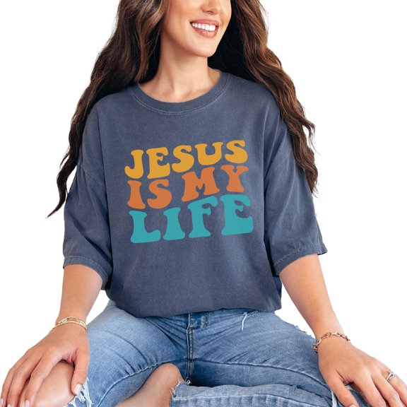 Jesus Is My Life, Quote About Christ Being Your All in All, Groovy Retro Wavy Text, Denim Comfort Colors T-Shirt, Small