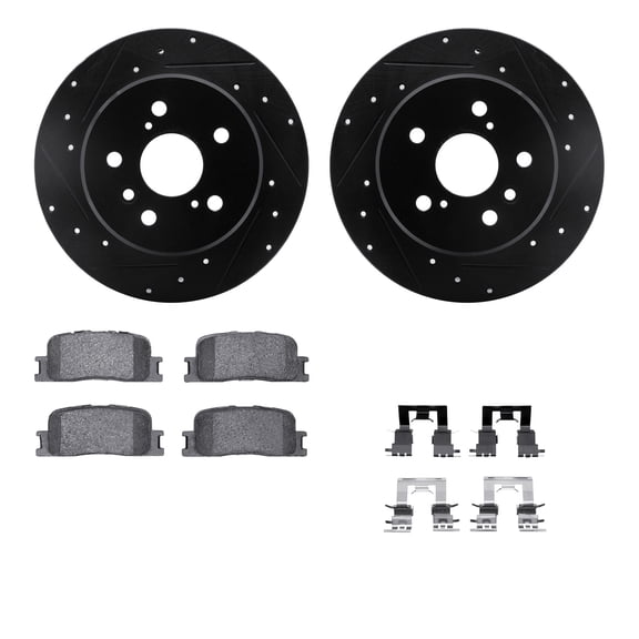 Dynamic Friction Company Rear Brake Rotors-Drilled and Slotted-Black with 5000 Advanced Brake Pads includes Hardware 8512-76133