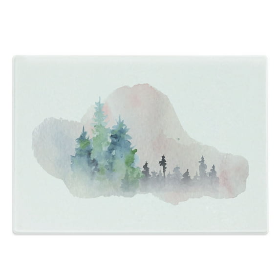 Fine Art Cutting Board, Modern Woodland Artwork with Forest Silhouette in Pastel Watercolor Style Image, Decorative Tempered Glass Cutting and Serving Board, in 3 Sizes, by Ambesonne