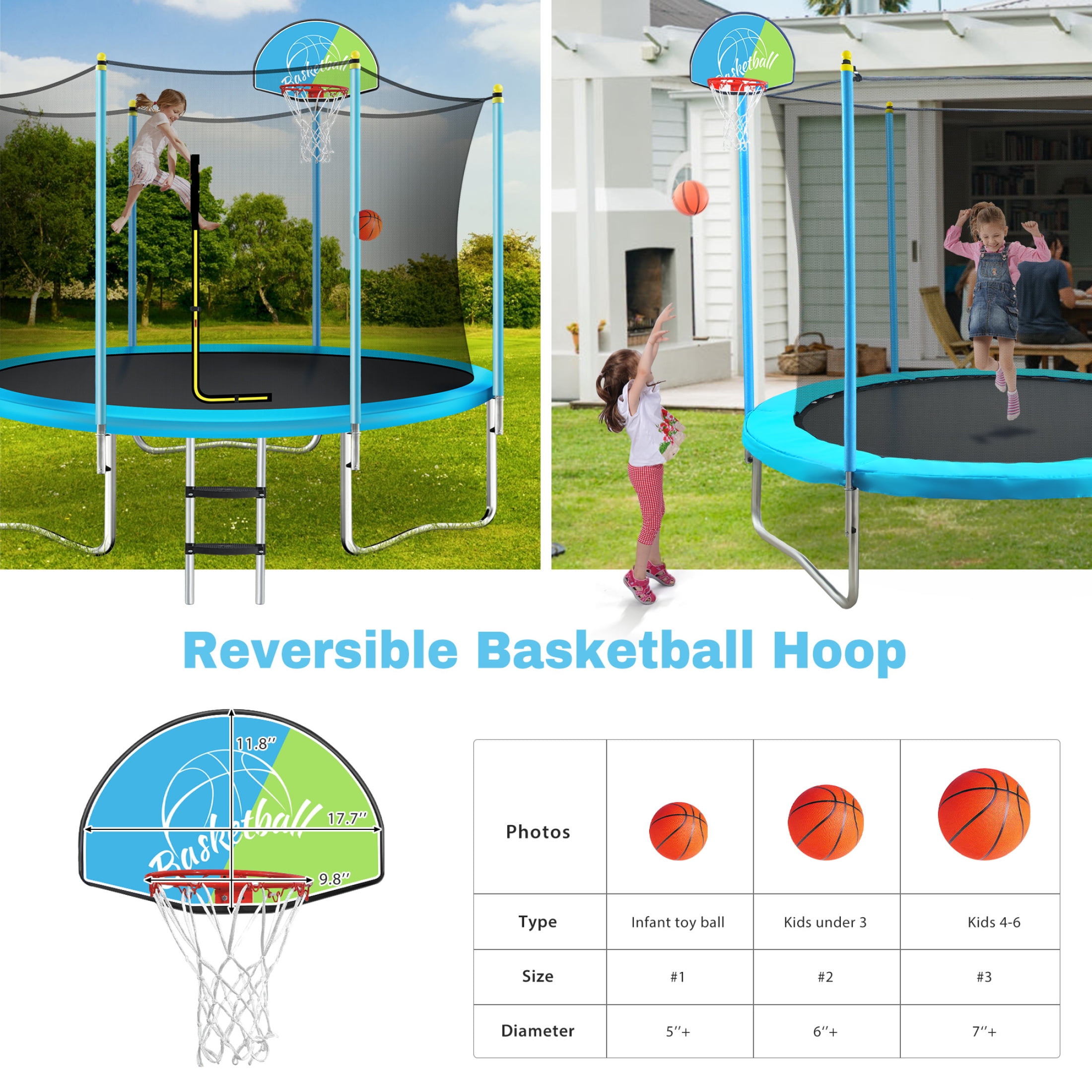 Noble House 8FT Outdoor Trampoline for Kids with Safety Enclosure Net, Basketball Hoop & Ladder, Blue