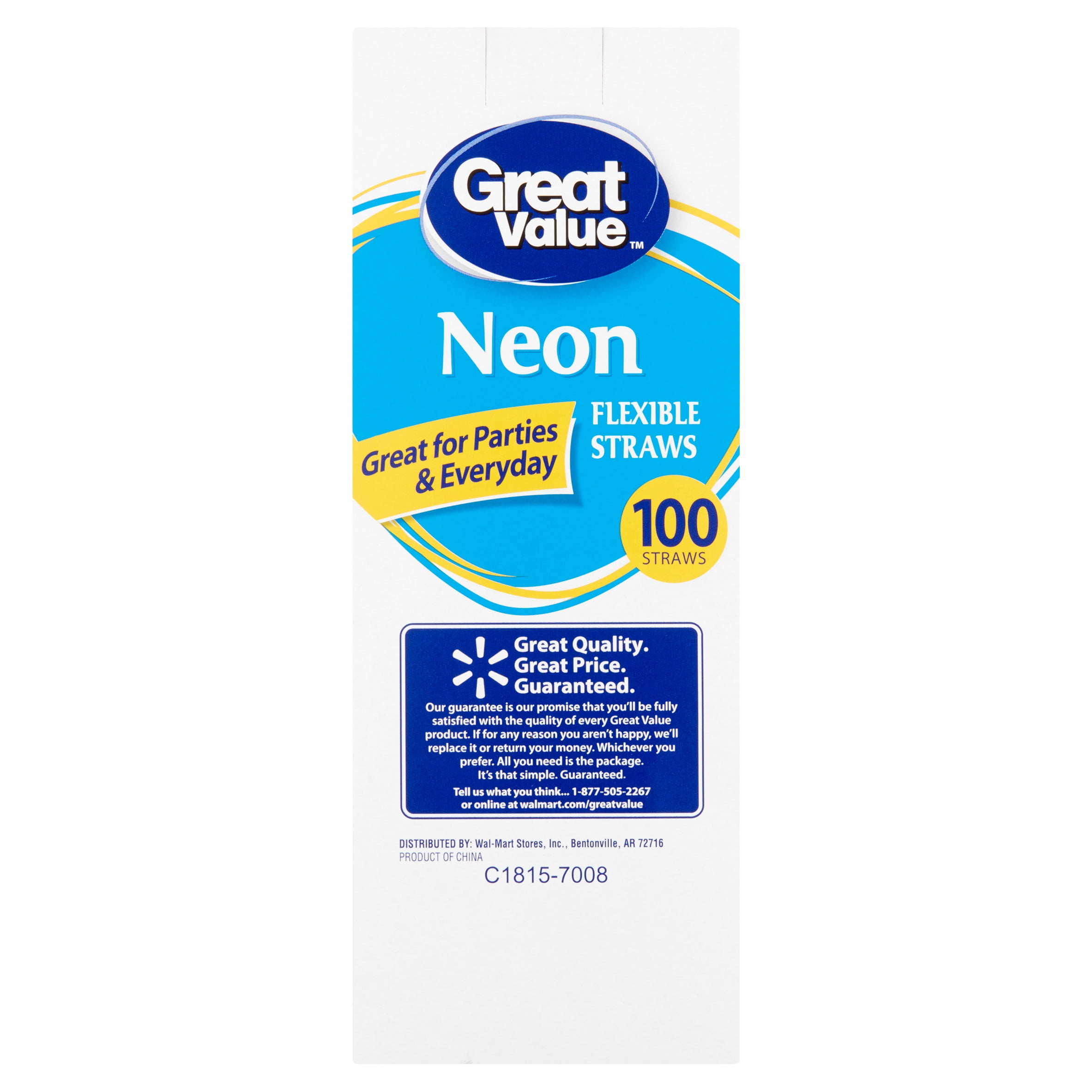 Great Value Plastic Flexible Straws, Neon Colors, 100 Count