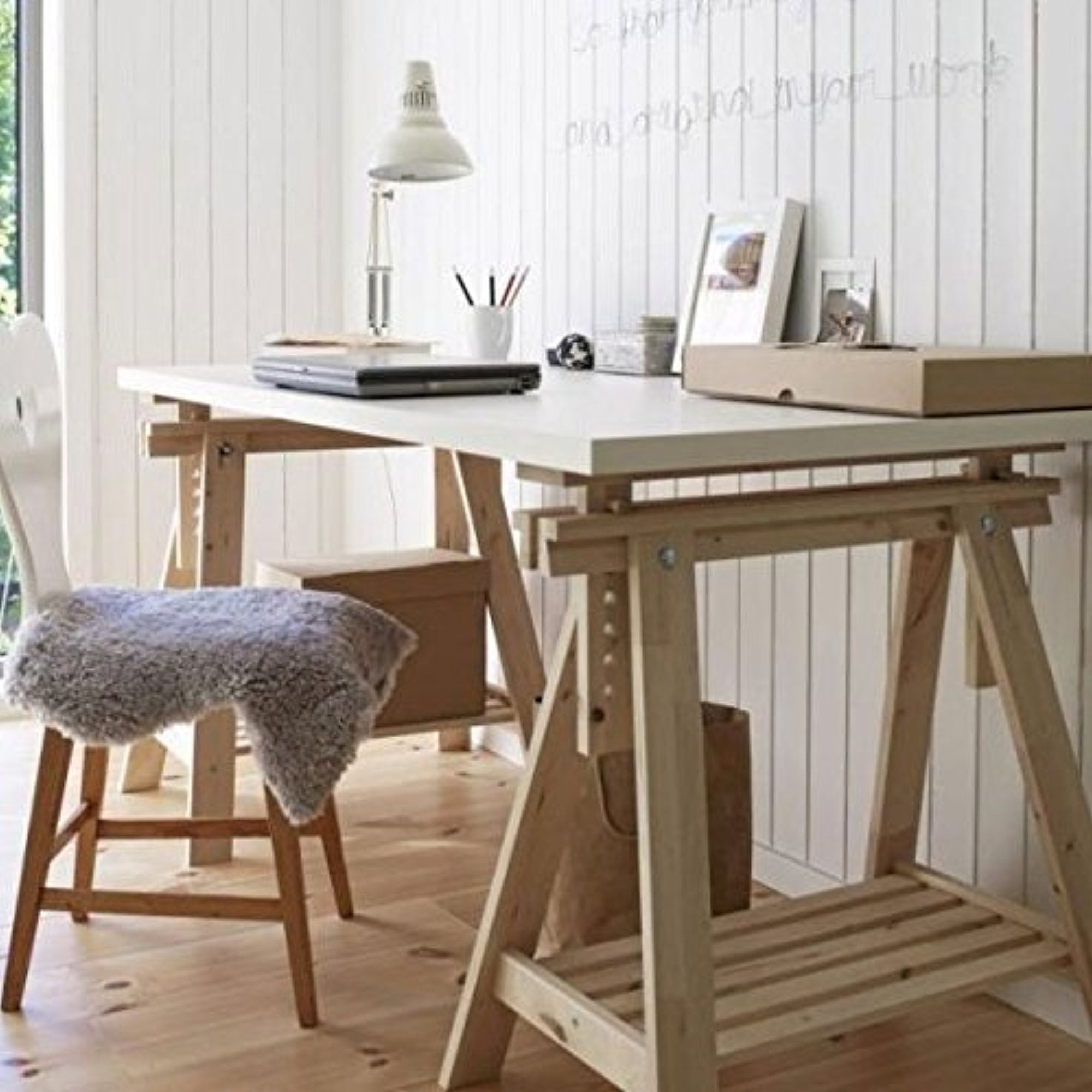 Ikea Linnmon White Desk Table 59x30 With 2 Beech Wood Brown Trestle