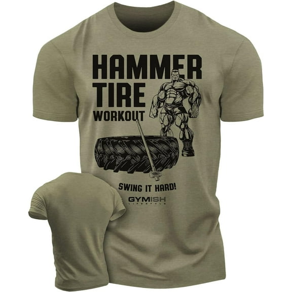 Gymish Hammer Tire Men’s Workout T-Shirt – Funny Gym Shirt, Lifting Tee, Deadlift Fitness & Bodybuilding Top