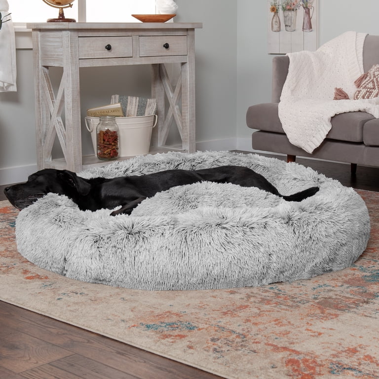 TORMAYS Large Donut Dog Bed - 32 Inch Calming Plush Faux Fur Round Pet Bed For Dogs & Cats Up To 45lbs (Purple)