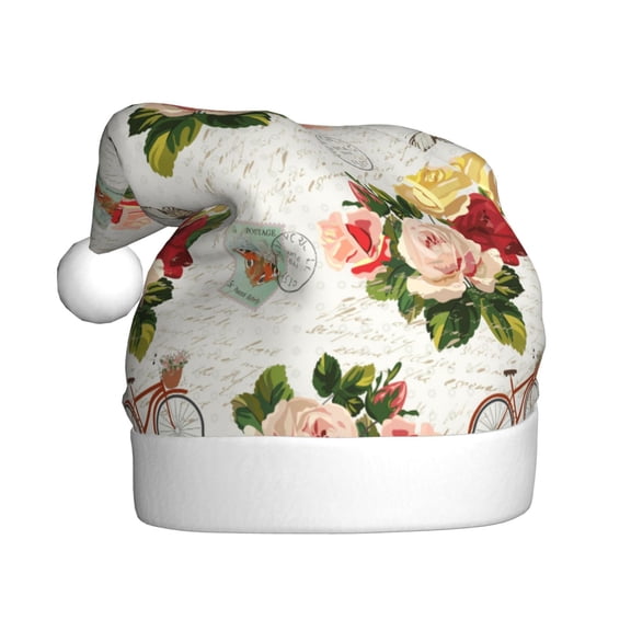 Kowoue Vintage Bike Flower Butterfly Pattern Santa Hat Christmas Hats for Adults, Holiday Unisex Velvet Comfort Xmas Hat for Women Men
