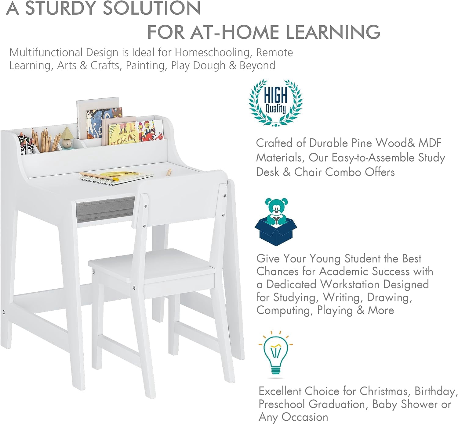 Utex Kids Study Desk with Storage Bins Activity Table and Chair Set, White