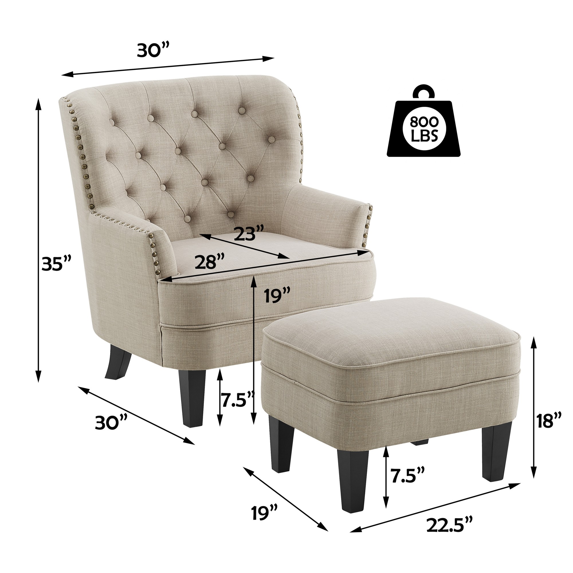 Gewnee Beige 30-Inch Armchair with 20-Inch Ottoman Style - Solid Rubberwood Legs, Breathable Linen Fabric, Suitable for Living Room & Balcony