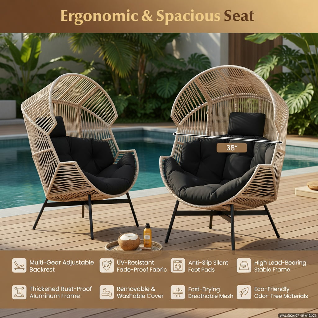 Hommoo Oversized Wicker Egg Chair with Thick Cushions, Headrest, and Heavy-Duty Metal Frame, Indoor/Outdoor Lounge Seating, Black