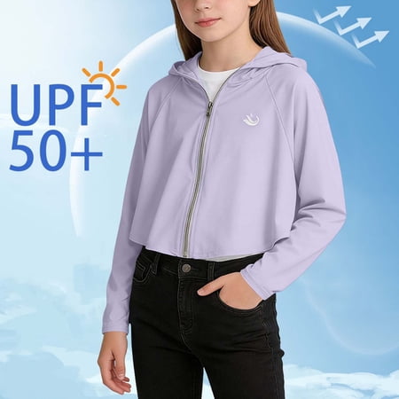 CYRBOKO Girls UPF50+ Hooded Sun Jacket Zippered Outdoor Long Sleeve Big Kids Breathable Protector Purple Size 5-6 T