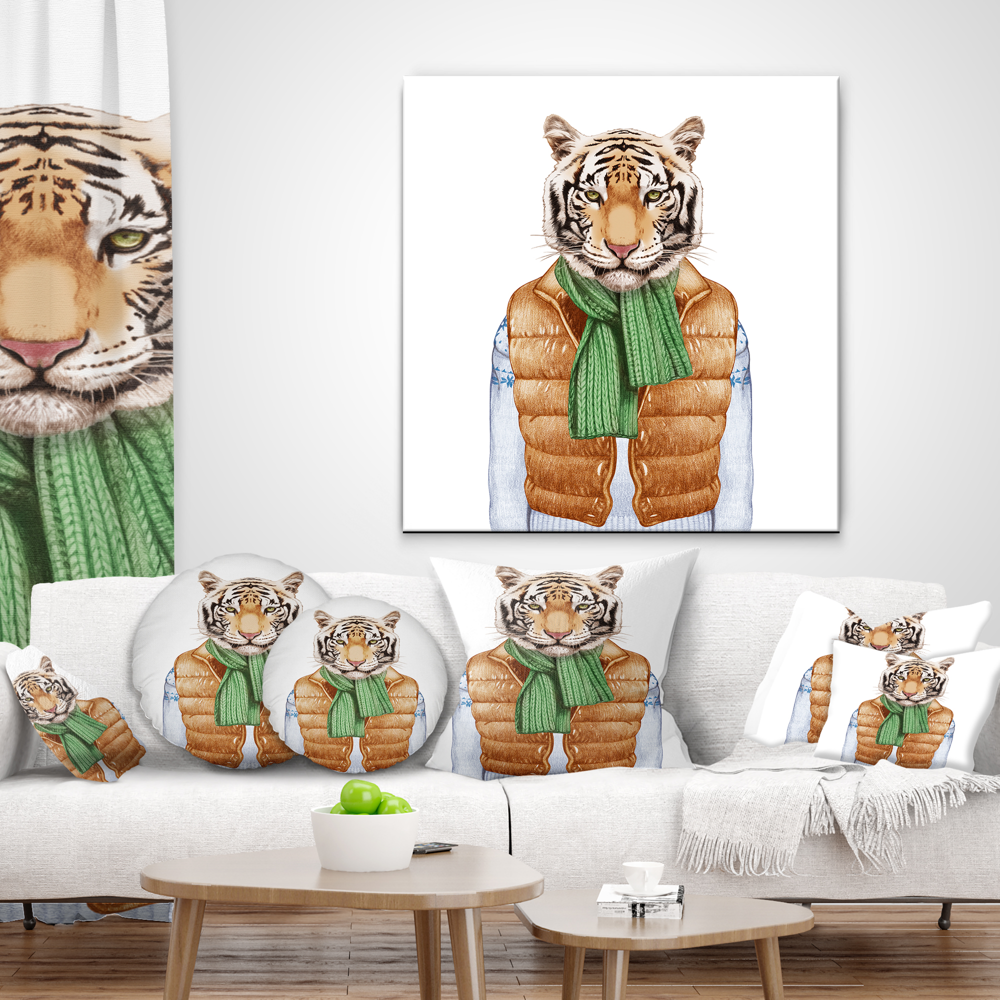 Designart Tiger in Vest and Sweater - Contemporary Animal Throw Pillow - 16x16