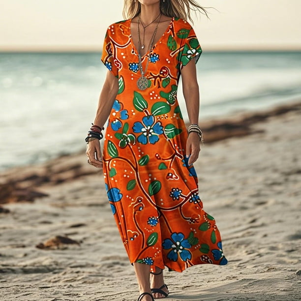short sleeved sun dress asdoklhq Sun Dresses Women Boho Maxi Dress Ladies' Fashionable Printed Short  Sleeved Long Skirt Multicolor M