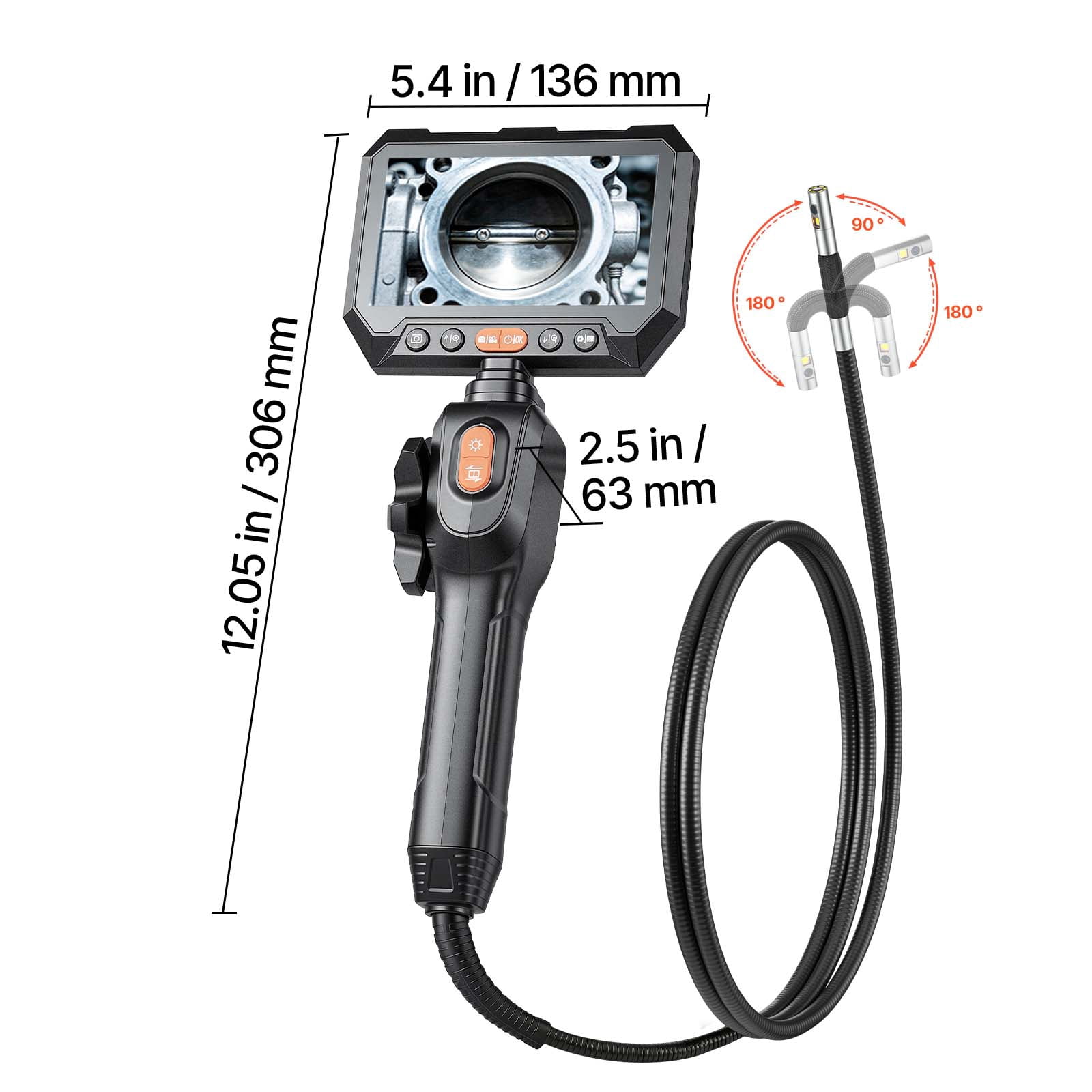 VEVOR 2-Way Dual-Lens Articulating Endoscope with Light, 1080P HD Industrial Borescope Inspection Camera with 0.24-inch Slim Articulated Probe, Rigid Snake Scope Cam for Wall Automotive Inspect-4.9FT