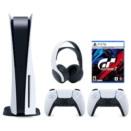 Sony Playstation 5 Disc (PS5 Disc) with Extra White Controller, Gran Turismo 7 Launch Edition and White PULSE 3D Headset Bundle